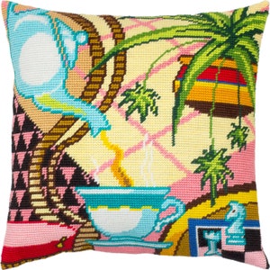 Needlepoint Pillow Kit &quot;Tea party&quot;, DIY Tapestry cushion kit, Cross Stitch sewing, Embroidery Pillow kit on Printed Canvas 16&quot;x16&quot;
