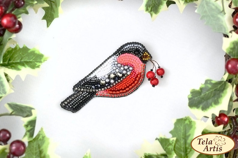 Needlework beading decoration. Tela Artis Bead Embroidery Seed beaded brooch Bullfinch DIY Jewelry making kit