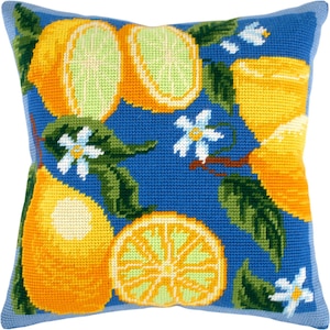 DIY Needlepoint Pillow Kit &quot;Lemons 2&quot;, Tapestry cushion kit, Half Cross Stitch Kit, Embroidery kit, size 16&quot;x16&quot; (40x40 cm), Printed Canvas