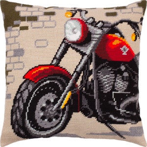 Needlepoint Pillow Kit &quot;Motorcycle&quot;, DIY Tapestry cushion kit, Half Cross Stitch sewing, Embroidery kit on Printed Canvas 16&quot;x16&quot;