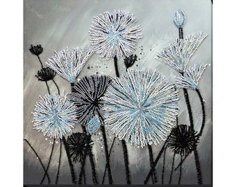 May include: A floral artwork featuring beaded dandelions in shades of white, light blue, and black against a gray background. The artwork has a textured appearance with a mix of round and spiky flower shapes. The stems are black.