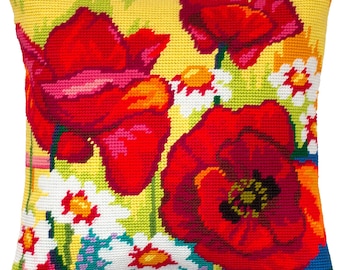 Needlepoint Pillow Kit "Poppies", DIY Tapestry cushion kit, Half Cross Stitch sewing, Embroidery Pillow Kit on Printed Canvas 16"x16"