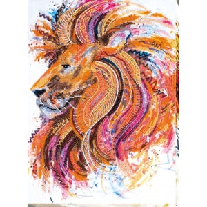 May include: A colorful beaded mosaic of a lion's head with a detailed mane. The lion's face is turned to the side, and the mane is made up of intricate patterns and swirls of orange, pink, and brown beads.