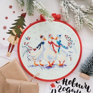 Cross stitch embroidery kit &quot;Three cute geese&quot;. Abris Art DIY cross stitch picture with frame 6.7&quot;