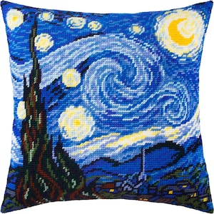 Needlepoint Pillow Kit &quot;Starry night, V. van Gogh&quot;, DIY Tapestry kit, Cushion Cross Stitch sewing, Embroidery kit on Printed Canvas 16&quot;x16&quot;