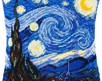 Kit de almohada Needlepoint "Noche estrellada, V. van Gogh", kit de tapiz diy, costura de punto de cruz de cojín, kit de bordado sobre lienzo impreso 16"x16"