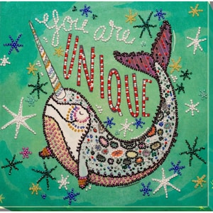 May include: A green canvas with a narwhal with a rainbow horn and the words "You are UNIQUE" in colorful beads.