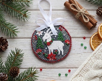Bead embroidery kit on art canvas Winter Little Goat. DIY beadwork kit embroidery pattern christmas new year diy craft kit