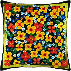 Kit de bordado para almohada &quot;Flores en el césped&quot;, funda de cojín tapiz, punto de carpa, bordado, 40 x 40 cm, lienzo impreso