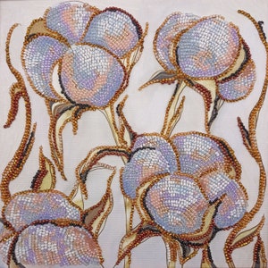 May include: A close-up of a beaded artwork depicting stylized flowers with a white background. The flowers are made of light blue, white, and pink beads, with brown and gold beads outlining the stems and leaves.
