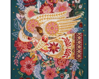 May include: A beaded artwork featuring an angel with outstretched wings, surrounded by colourful flowers and leaves. The angel is wearing a white dress with red and gold accents. The background is a deep teal colour.