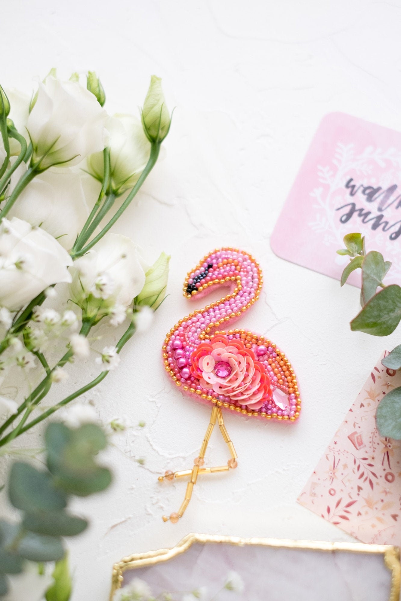 DIY Jewelry making kit, Seed beaded brooch "Flamingo", Abris Art. Bead Embroidery, Needlework beading decoration.