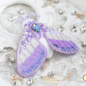 DIY Jewelry making kit, Seed beaded brooch &quot;Lavender moth&quot;, Tela Artis. Bead Embroidery, Needlework beading decoration.