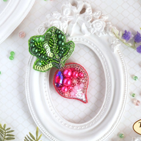 DIY Jewelry making kit, Seed beaded brooch "Glamorous radish", Tela Artis. Bead Embroidery, Needlework beading decoration.