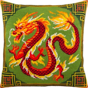DIY Needlepoint Pillow Kit &quot;Chinese dragon&quot;, Tapestry cushion cover kit, Tent Stitch Kit, Embroidery kit, 16&quot;x16&quot; (40x40cm), Printed Canvas