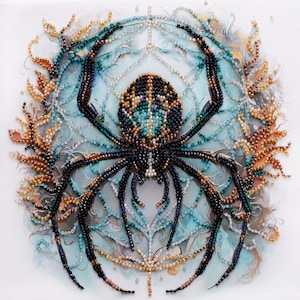 Puede incluir: Una araña de cuentas con un diseño azul, verde y dorado, sobre un fondo azul y blanco. La araña está en el centro de la imagen y está rodeada por una telaraña de cuentas.