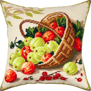 DIY Needlepoint Pillow Kit &quot;Gooseberry basket&quot;, Tapestry cushion cover kit, Tent Stitch Kit, Embroidery kit, 16&quot;x16&quot;, Printed Canvas