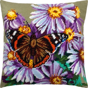DIY Needlepoint Pillow Kit &quot;Admiral on the aster&quot;, Tapestry cushion cover kit, Tent Stitch Kit, Embroidery kit, 16&quot;x16&quot;, Printed Canvas