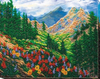 Bead embroidery kit on art canvas Mountain landscape. Abris Art DIY beadwork kit embroidery pattern gift for her diy craft kit