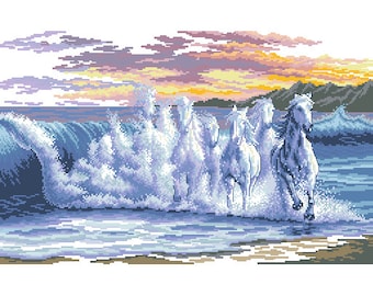 Cross Stitch PDF Pattern Water Horses Scheme Animal Digital file embroidery stitching patterns instant download