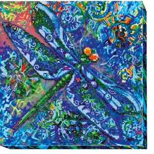 May include: A blue and green dragonfly with intricate details, surrounded by colorful gears and patterns. The dragonfly is made of beads and is a vibrant piece of art.