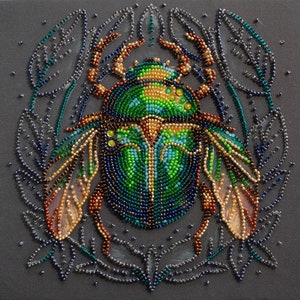 Bead embroidery kit on art canvas - Emerald beetle. Abris Art DIY beadwork kit embroidery pattern gift for her diy craft kit – adult craft kit