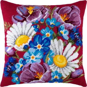Kit de bordado para almohada &quot;Un ramo de flores silvestres&quot;, funda de cojín tapiz, punto de carpa, bordado, 40,6 x 40,6 cm, lienzo impreso