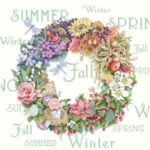 Cross Stitch PDF Pattern The Wreath of All Seasons Scheme Blooming Flowers Digital file embroidery stitching patterns instant download