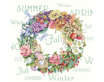 Cross Stitch PDF Pattern The Wreath of All Seasons Scheme Blooming Flowers Digital file embroidery stitching patterns instant download