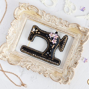 DIY Jewelry making kit, Seed beaded brooch "Black sewing machine", Tela Artis. Bead Embroidery, Needlework beading decoration. New Year