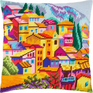 DIY Needlepoint Pillow Kit &quot;Montenegro&quot;, Tapestry cushion cover kit, Tent Stitch Kit, Embroidery kit, 16&quot;x16&quot; (40x40), Printed Canvas