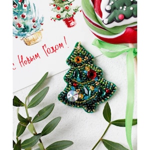 DIY Jewelry making kit, Seed beaded brooch &quot;Christmas tree&quot;, Abris Art. Bead Embroidery, Needlework beading decoration. Christmas New Year