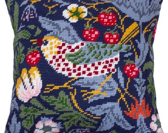 Needlepoint Pillow Kit &quot;Strawberry Thief&quot;, W.Morris, DIY Tapestry kit, Cushion Cross Stitch sewing, Embroidery kit on Printed Canvas 16&quot;x16&quot;