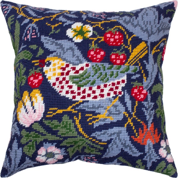 Kit d'oreillers « Strawberry Thief », W. Morris, kit de tapisserie DIY, coussin à coudre au point de croix, kit de broderie sur toile imprimée 16 x 16 po.