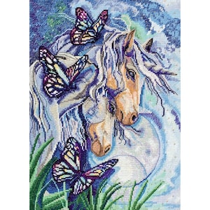 Cross stitch embroidery &quot;Unicorns&quot;. DIY cross stitch picture.