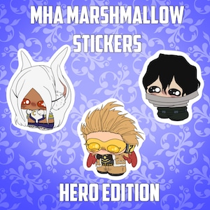 May include: Three cartoon stickers on a blue background with a floral pattern. The stickers feature characters from the "My Hero Academia" anime series. Text at the top reads "MHA MARSHMALLOW STICKERS" and "HERO EDITION" at the bottom.