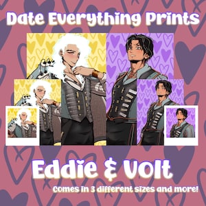 以下が含まれることがあります： 「Date Everything Prints」のプロモーション画像。エディとボルトの2人のキャラクターのイラストが特徴です。画像には「Comes in 3 different sizes and more!」というテキストが含まれており、ハートの形をしたピンク色の背景が使用されています。