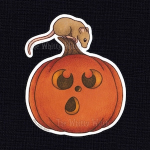 Mouse on Jack O&#39; Lantern Die-Cut Sticker - 3 Inch - Weather Proof Matte Paper Sticker - Cute Halloween Laptop Decal