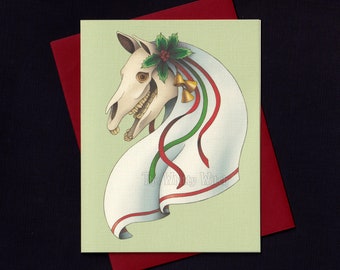 Mari Lwyd Note Card - A2 - Blank Inside - Single, Set of 3, or Set of 6 - Welsh Pagan Christmas Card - Spooky Yule Stationery