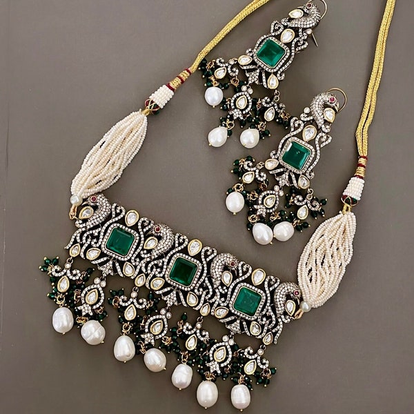 Sabyasachi Inspired Victorian Kundan American Diamond Emerald Green Doublet Baroque Pearl Choker Set | Indian Jewelry | Victorian Jewelry