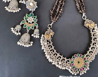 Iolite Stone Mala Necklace Set: Ethnic Oxidized Indian Jewelry