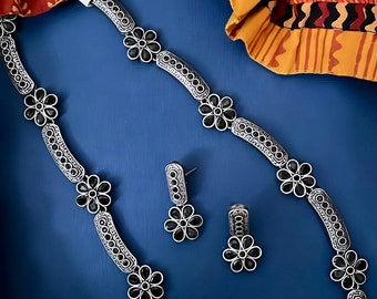 Black Stone Floral Oxidized Necklace Set: Indian Silver Replica Jewelry