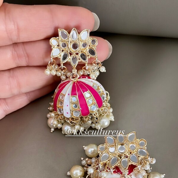 Hot Pink Mirror Gold Meenakair Jhumka Earrings | Green Mirror Jhumki | Mirror Cluster Pearl Earrings | Sheesha Jhumka | Festive Gift Idea