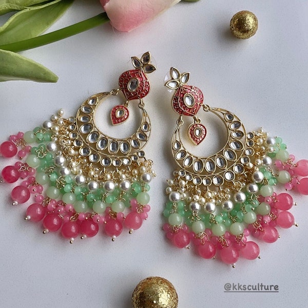 Colorful Meenakari Kundan Beaded Chandbali Earrings| Kundan Long Earrings | Chandbaali Earrings XL | Indian Jhumka Earrings | Big Earrings