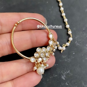 Bridal Nose Ring Nath With Pearl Chain | Kundan Pearl Gold Bridal Nath | Gold Nose Ring | Bridal Jewelry | Indian Pakistani Jewelry