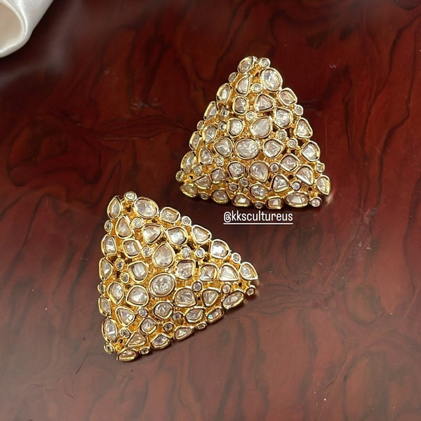 Gold Plated Beautiful Uncut Polki Kundan Stud Earrings | Statement Studs | Polki Diamond Earring | Indian Jewelry | Cocktail Jewelry | Studs