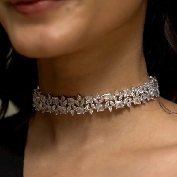 American Diamond Silver Finish High Neck Choker Set | CZ Choker Necklace | Cocktail Jewelry | AD CZ Jewelry