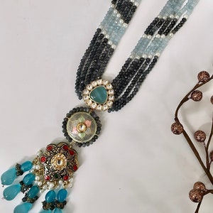 Kundan Gray Blue Onyx Pearl Beaded Necklace Kundan Layered Necklace | Gray Blue Jadau Jaipur Necklace | Sabyasachi Wedding Jewelry | Mala