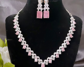 Baby Pink American Diamond Silver Finish Necklace Set | American Diamond Necklace | Cocktail Jewelry | Wedding Necklace Set | Indian Jewelry