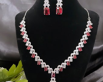 Ruby Diamond Silver Finish Necklace Set | American Diamond Necklace | Cocktail Jewelry | Wedding Necklace Set |